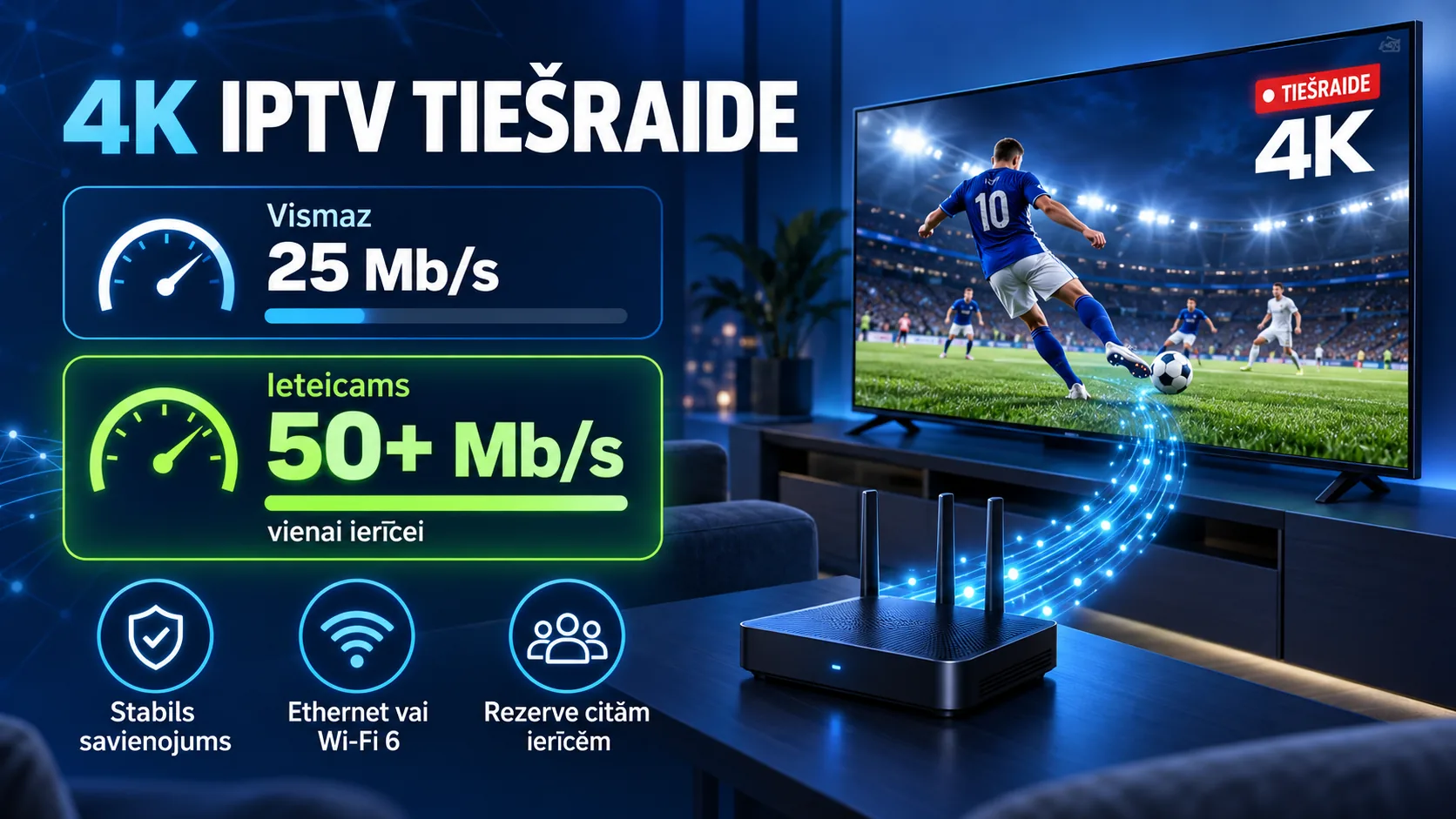 Kāds interneta ātrums nepieciešams stabilai 4K IPTV tiešraidei